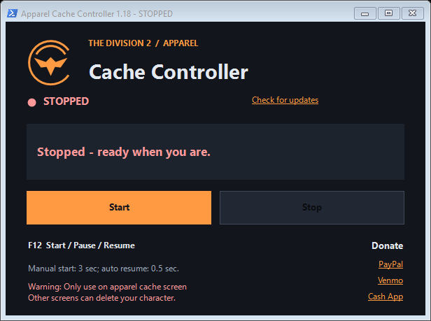 Apparel Cache Controller 1.18, showing Stopped status, Start and Stop buttons, the F12 shortcut, and Check for updates.